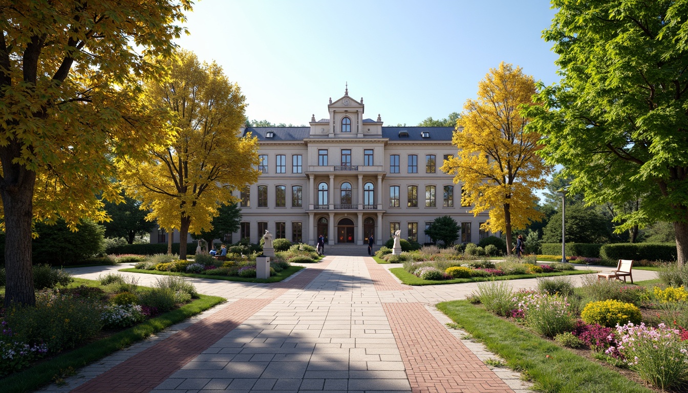 Prompt: Majestic high school building, Baroque architecture, ornate facades, grand entrance, symmetrical gardens, lush greenery, vibrant flowers, meandering pathways, decorative fountains, statues, benches, natural stone walkways, brick pavement, mature trees, sunny day, soft warm lighting, shallow depth of field, 3/4 composition, panoramic view, realistic textures, ambient occlusion.