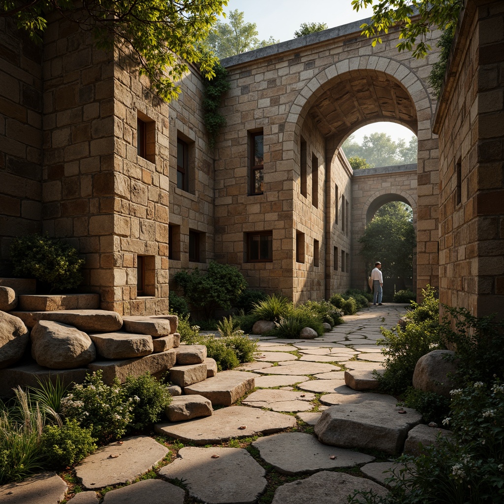 Prompt: Rustic stone walls, weathered rock formations, earthy tones, natural cracks, moss-covered surfaces, ancient ruins, mysterious ambiance, soft warm lighting, shallow depth of field, 3/4 composition, panoramic view, realistic textures, ambient occlusion.