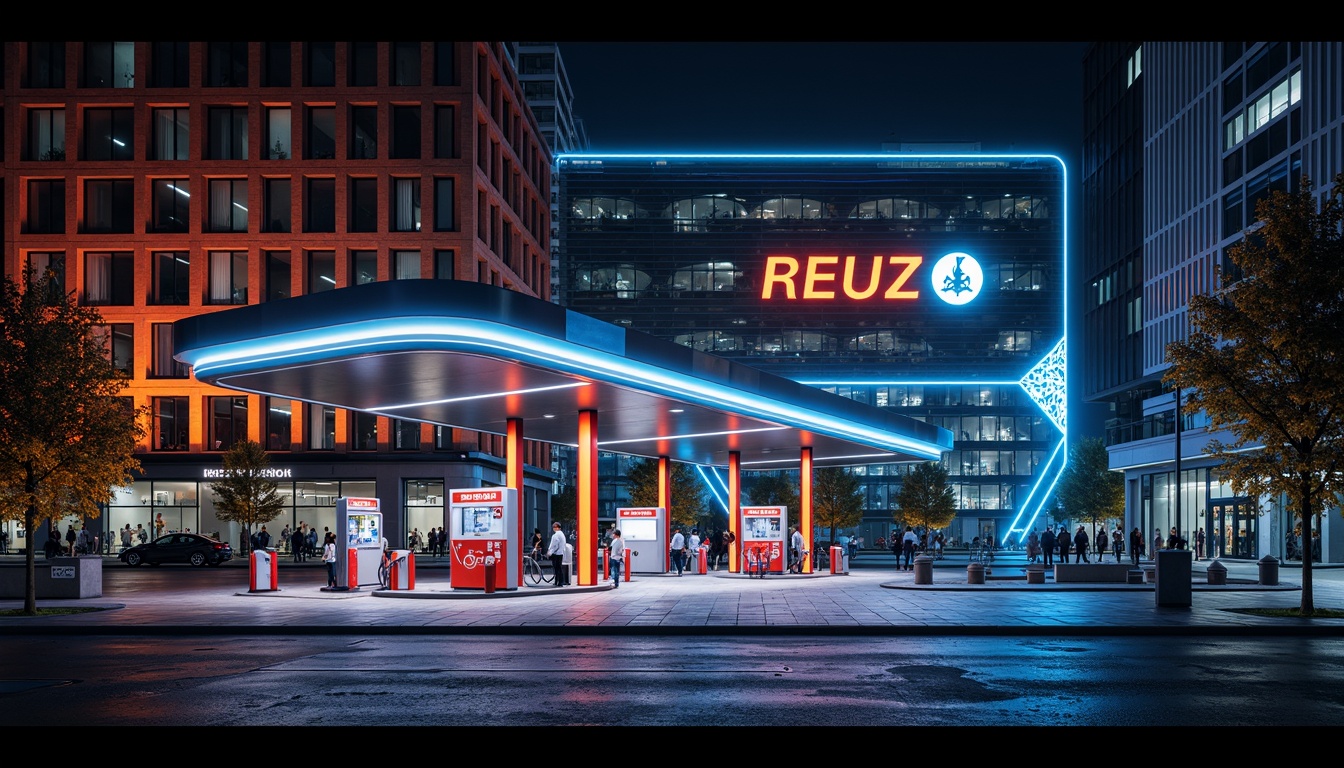 Prompt: Vibrant gas station, neon lights, bold signage, metallic fuel pumps, sleek modern architecture, reflective glass surfaces, angular lines, industrial materials, urban cityscape, busy streets, night scene, dramatic lighting, shallow depth of field, 1/1 composition, realistic textures, ambient occlusion, bright color scheme, electric blue accents, fiery orange hues, deep black tones, metallic silver highlights.