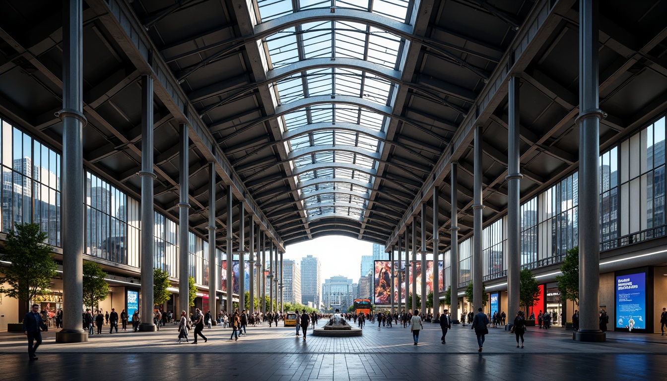 Prompt: Modern train station, steel framework, industrial aesthetic, exposed ductwork, metallic beams, sleek columns, high ceilings, grand entrance, bustling atmosphere, natural light pouring in, urban landscape, city skyline, busy streets, pedestrian traffic, vibrant advertisements, LED displays, futuristic ambiance, dynamic lighting, shallow depth of field, 1/2 composition, wide-angle lens, realistic reflections, ambient occlusion.