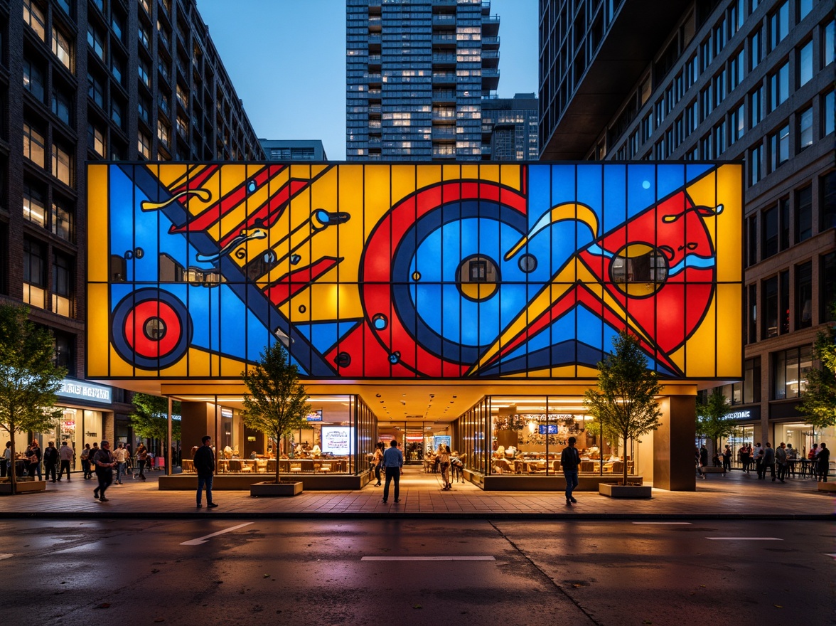 Prompt: Vibrant restaurant facade, expressionist architecture, bold geometric shapes, bright primary colors, abstract patterns, irregular forms, dynamic lighting effects, neon signs, metallic accents, industrial materials, exposed ductwork, urban cityscape, bustling streets, evening atmosphere, warm golden lighting, shallow depth of field, 1/1 composition, dramatic shadows, high-contrast textures.