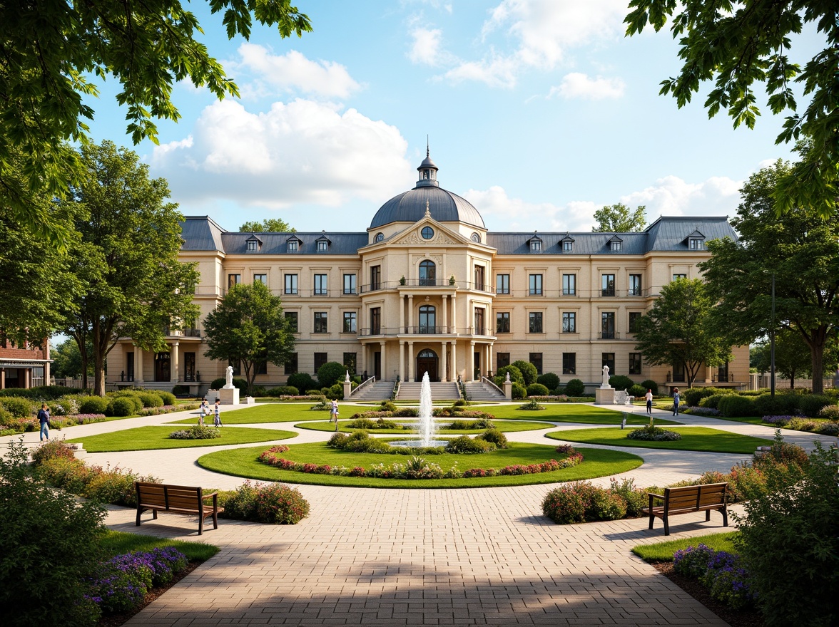 Prompt: Majestic high school building, Baroque architecture, ornate facades, grand entrance, symmetrical gardens, lush greenery, vibrant flowers, meandering pathways, decorative fountains, statues, benches, natural stone walkways, brick pavement, mature trees, sunny day, soft warm lighting, shallow depth of field, 3/4 composition, panoramic view, realistic textures, ambient occlusion.