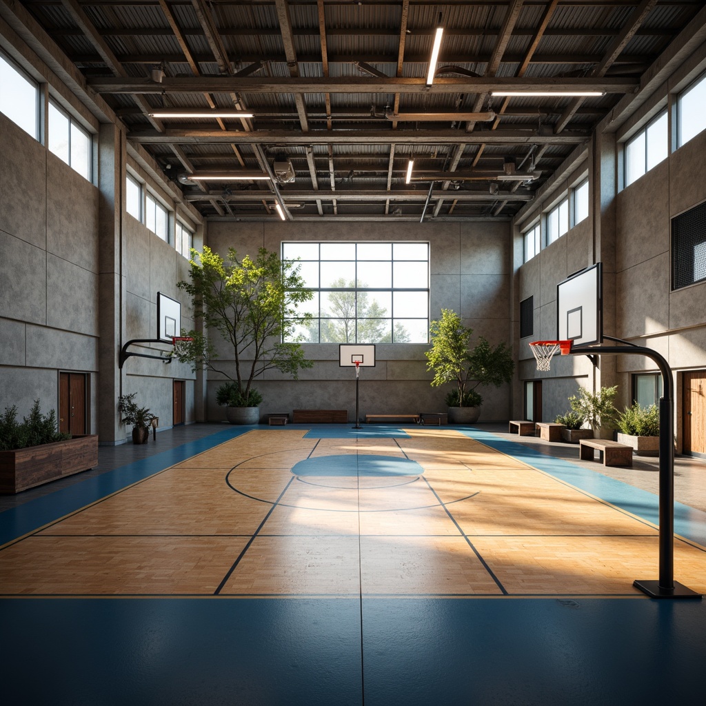 Prompt: Modern gymnasium interior, textured concrete walls, wooden flooring, metallic equipment, athletic tracks, basketball hoops, sports nets, spectator seating, natural light pouring in, large windows, industrial-style lighting, shallow depth of field, 1/1 composition, realistic textures, ambient occlusion, vibrant color accents, dynamic shadows, high-contrast lighting, dramatic atmosphere.