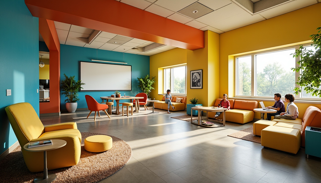 Prompt: Vibrant creative learning space, bold color scheme, stimulating yellow accents, calming blue undertones, energetic orange hues, inspiring greenery, natural wood textures, modern minimalist furniture, sleek metal legs, comfortable cushioned seating, collaborative workstations, interactive whiteboards, innovative technology integration, abundant natural light, soft warm glow, shallow depth of field, 3/4 composition, panoramic view, realistic textures, ambient occlusion.