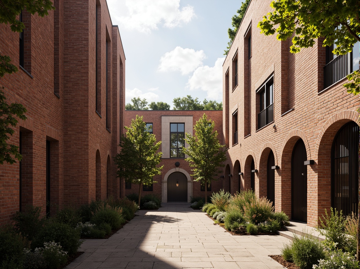 Prompt: Rustic brick buildings, modern masonry techniques, textured stone walls, ornate archways, grand entrance gates, intricate stonework patterns, earthy color palette, natural materials, sustainable architecture, eco-friendly design, green roofs, living walls, urban landscape, cityscape views, dramatic lighting effects, high-contrast shadows, 1/2 composition, symmetrical framing, warm golden hour lighting, realistic textures, ambient occlusion.