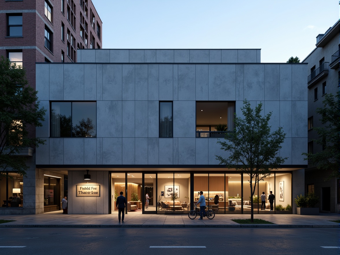 Prompt: Simple theater facade, minimalist architecture, clean lines, monochromatic color scheme, rectangular shapes, flat roofs, large glass windows, sliding doors, industrial materials, concrete walls, steel beams, subtle lighting, dramatic shadows, urban cityscape, evening atmosphere, soft box lights, 1/1 composition, realistic textures, ambient occlusion.