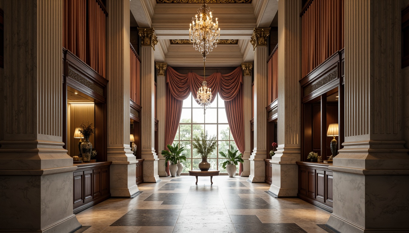 Prompt: Elegant neoclassical building, ornate stone carvings, smooth marble columns, intricate moldings, luxurious velvet drapes, rich wood paneling, polished bronze fixtures, crystal chandeliers, subtle gradient lighting, soft focus blur, 1/2 composition, symmetrical framing, realistic reflections, ambient occlusion.