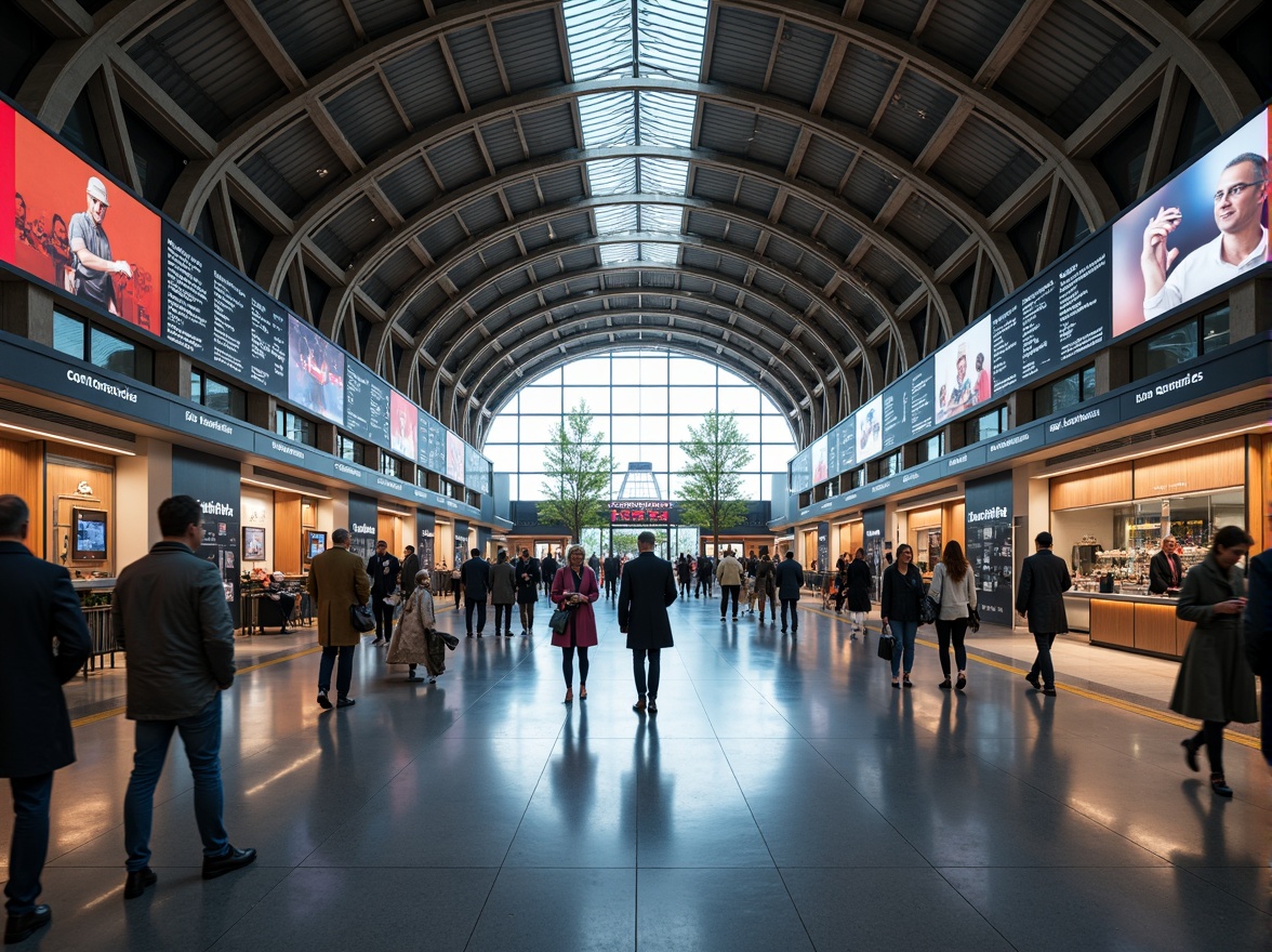 Prompt: Busy train station, modern architecture, grand entrance halls, high ceilings, natural light, sleek metal beams, polished marble floors, vibrant advertisements, electronic departure boards, comfortable waiting areas, convenient retail shops, spacious platforms, efficient signage systems, clear wayfinding, organized passenger flow, rush hour crowds, warm artificial lighting, shallow depth of field, 1/2 composition, realistic textures, ambient occlusion.