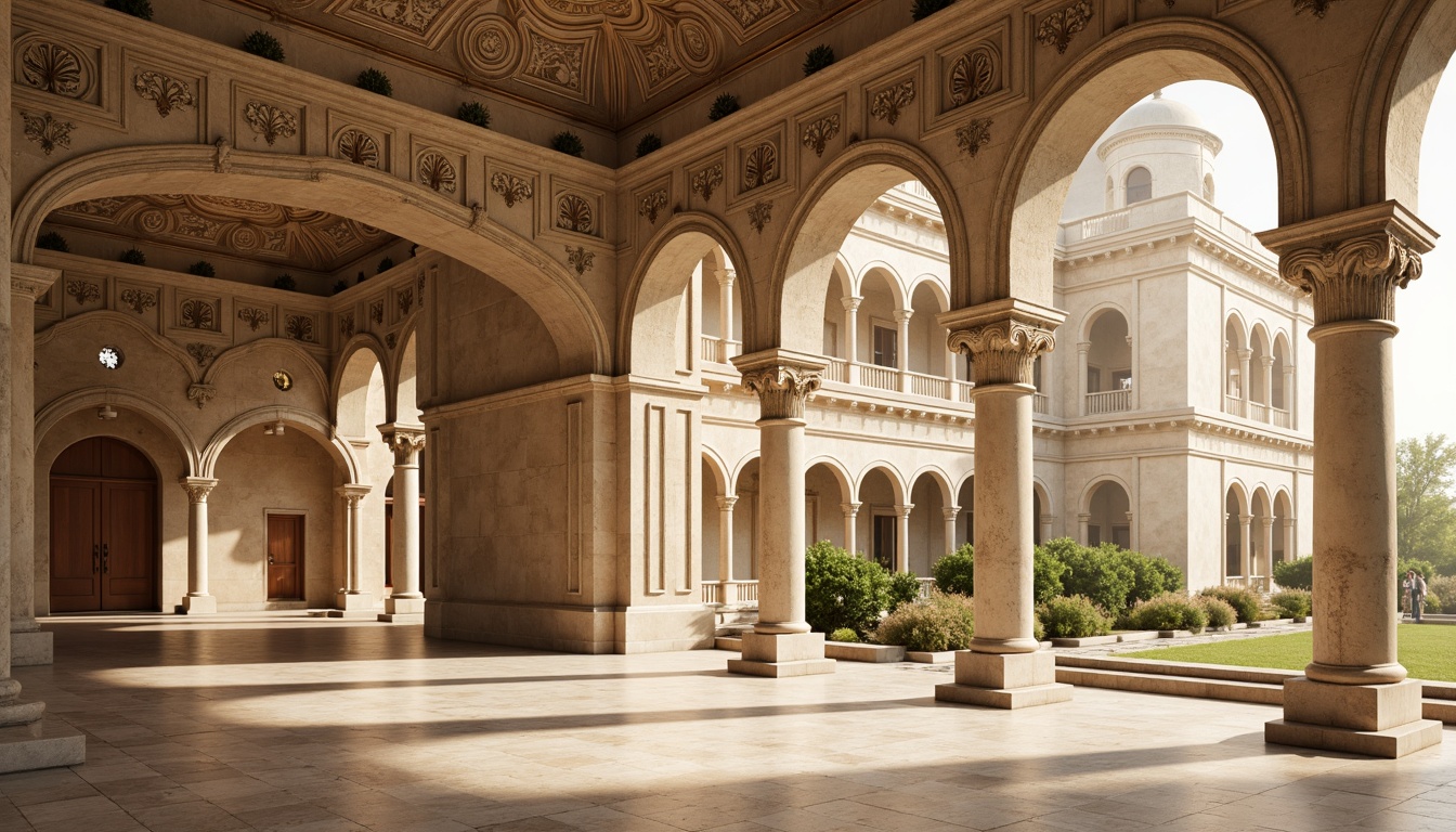 Prompt: Ornate columns, carved stone capitals, grand archways, symmetrical facades, ornamental moldings, intricate carvings, classical pediments, rusticated bases, fluted pilasters, egg-and-dart motifs, acanthus leaf patterns, subtle color palette, warm beige tones, soft golden lighting, shallow depth of field, 1/1 composition, realistic textures, ambient occlusion.