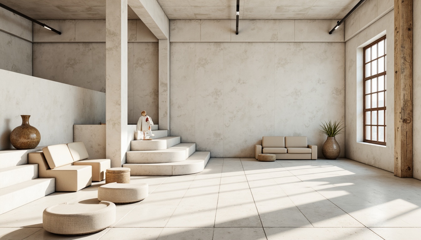 Prompt: Monochromatic minimalism, clean lines, simple shapes, neutral tones, soft whites, creamy beiges, pale grays, industrial materials, concrete walls, steel beams, wooden accents, natural textures, subtle patterns, ambient lighting, soft shadows, 1/1 composition, realistic renderings, atmospheric perspective.