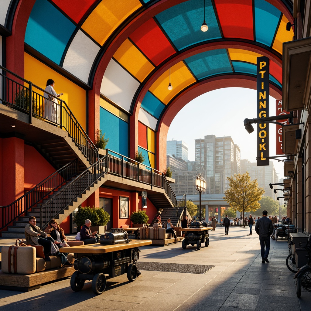 Prompt: Vibrant train station, expressionist architecture, bold geometric shapes, dynamic curves, abstract patterns, bright primary colors, metallic materials, industrial textures, grand entrance hall, sweeping staircases, ornate railings, vintage luggage carts, nostalgic signage, steam engine displays, urban cityscape, busy streets, morning rush hour, warm golden lighting, shallow depth of field, 1/2 composition, cinematic view, realistic reflections, ambient occlusion.