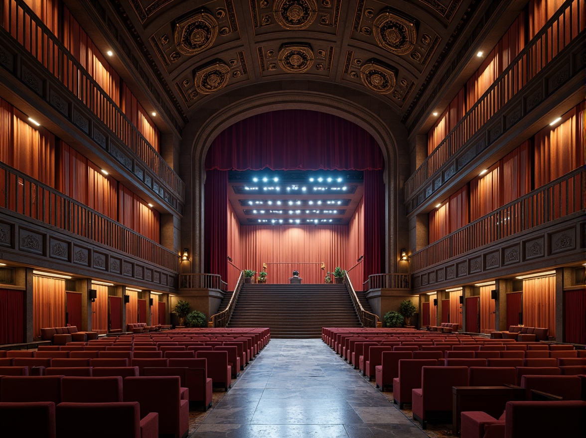 Prompt: Grand auditorium, ornate facade, intricate stone carvings, sweeping arches, grand entrance, polished marble floors, luxurious velvet curtains, golden accents, dramatic spotlights, tiered seating, acoustic panels, soundproofing materials, minimalist decor, modern LED lighting, dynamic color changing effects, 3/4 composition, shallow depth of field, realistic textures, ambient occlusion.