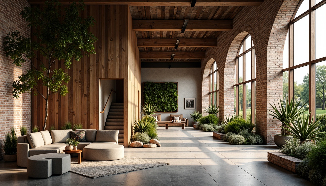 Prompt: Exposed brick walls, reclaimed wood accents, industrial metal beams, organic curved lines, earthy color palette, natural stone flooring, lush greenery, living walls, modern minimalist decor, cozy reading nooks, floor-to-ceiling windows, soft warm lighting, shallow depth of field, 3/4 composition, panoramic view, realistic textures, ambient occlusion.