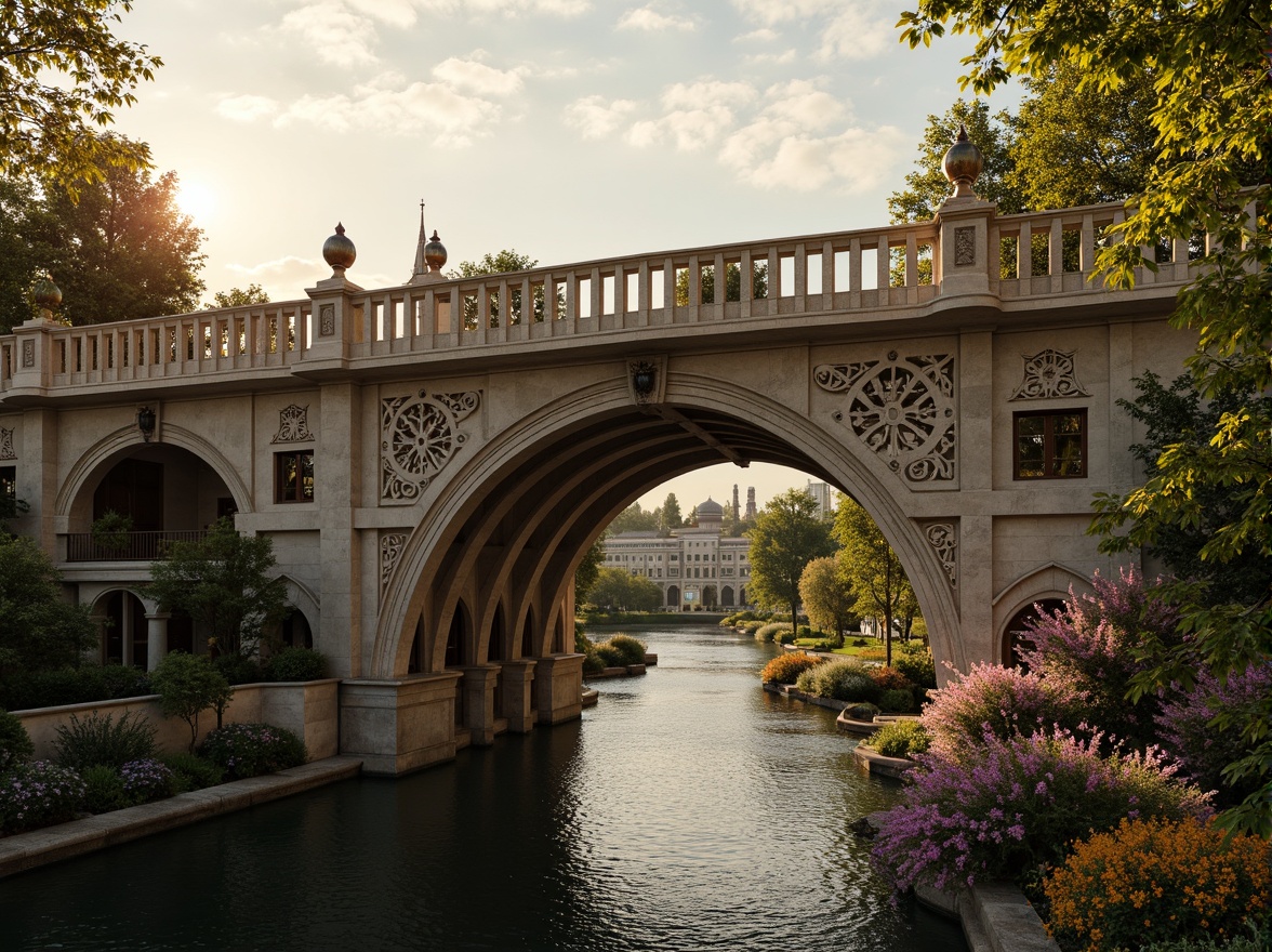 Prompt: Ornate bridge, grandiose arches, intricately carved stone balustrades, gilded accents, ornamental lanterns, majestic river views, serene water reflections, lush greenery, vibrant flowers, natural stone piers, decorative iron railings, sweeping curves, dramatic lighting, warm golden tones, high contrast shadows, 1/2 composition, atmospheric perspective, realistic textures, ambient occlusion.