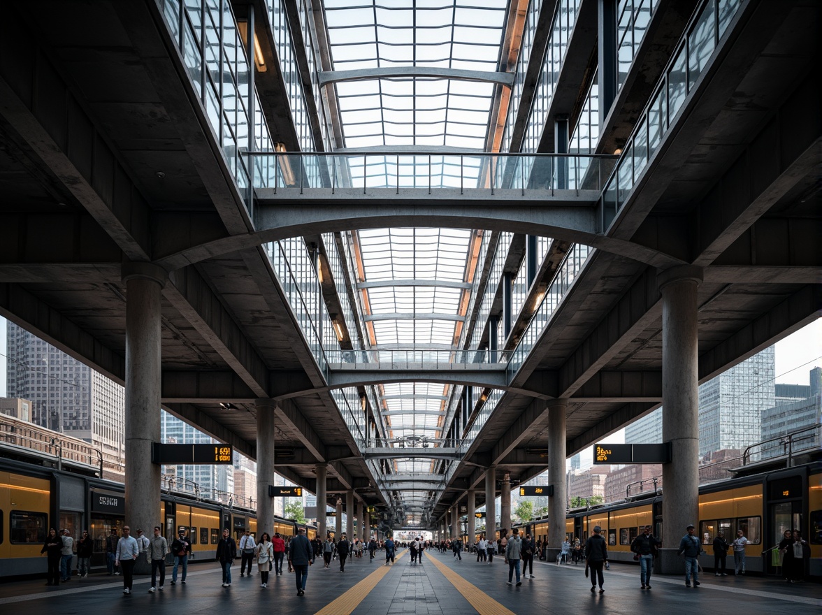 Prompt: Modern train station, steel framework, industrial aesthetic, exposed ductwork, metallic beams, sleek glass roofs, cantilevered canopies, urban landscape, bustling atmosphere, morning rush hour, natural light pouring in, shallow depth of field, 1/2 composition, realistic reflections, ambient occlusion, detailed textures, vibrant city sounds.