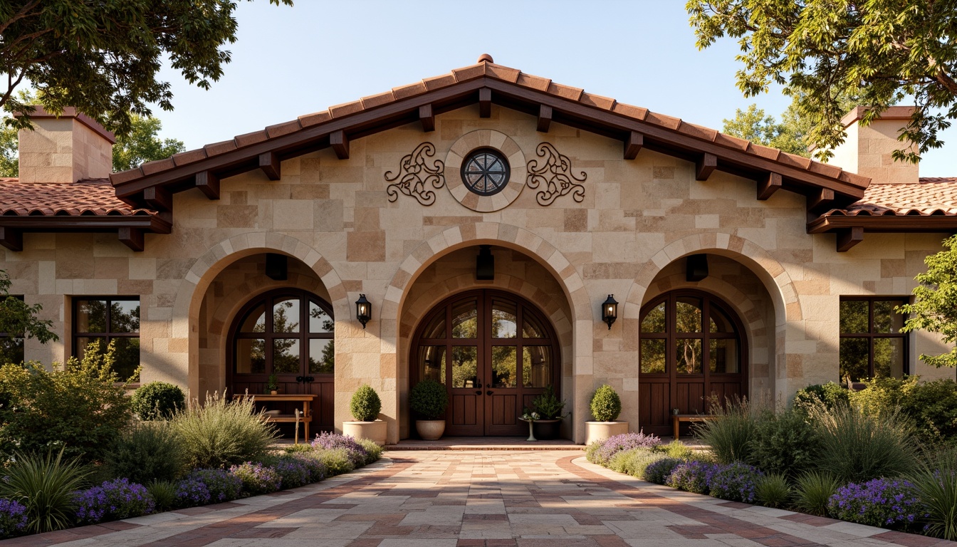 Prompt: Rustic winery facade, Byzantine-inspired arches, ornate stone carvings, terracotta roof tiles, earthy color palette, natural stone walls, wooden accents, heavy metal doors, grand entranceways, intricate mosaics, stained glass windows, warm golden lighting, soft focus, shallow depth of field, 2/3 composition, symmetrical framing, realistic textures, ambient occlusion.