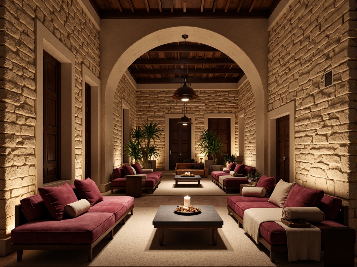 Prompt: Rustic sandstone walls, burgundy accent stones, earthy tones, natural textures, organic forms, warm ambient lighting, soft shadows, cozy atmosphere, intimate spaces, luxurious furnishings, velvet fabrics, rich wood accents, ornate metal details, subtle patterns, elegant archways, sophisticated interior design, refined color palette, tactile experiences, inviting ambiance.