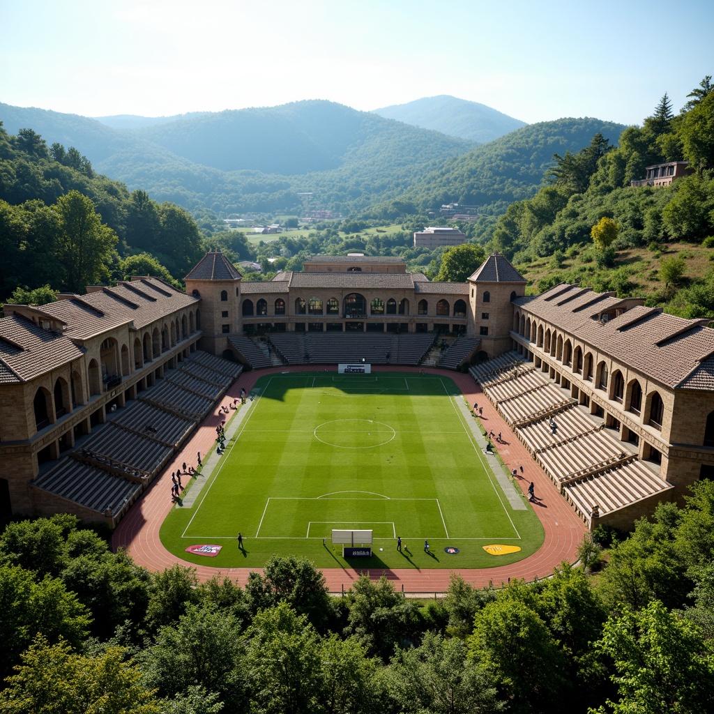 Prompt: Rustic football stadium, Romanesque architecture, stone walls, arched windows, green roofs, lush vegetation, rolling hills, natural scenery, serene atmosphere, warm sunny day, soft diffused lighting, shallow depth of field, 3/4 composition, panoramic view, realistic textures, ambient occlusion, tiered seating, grassy fields, athletic tracks, goalposts, scoreboard, floodlights, spectator stands, VIP lounges, concession booths, modern amenities.