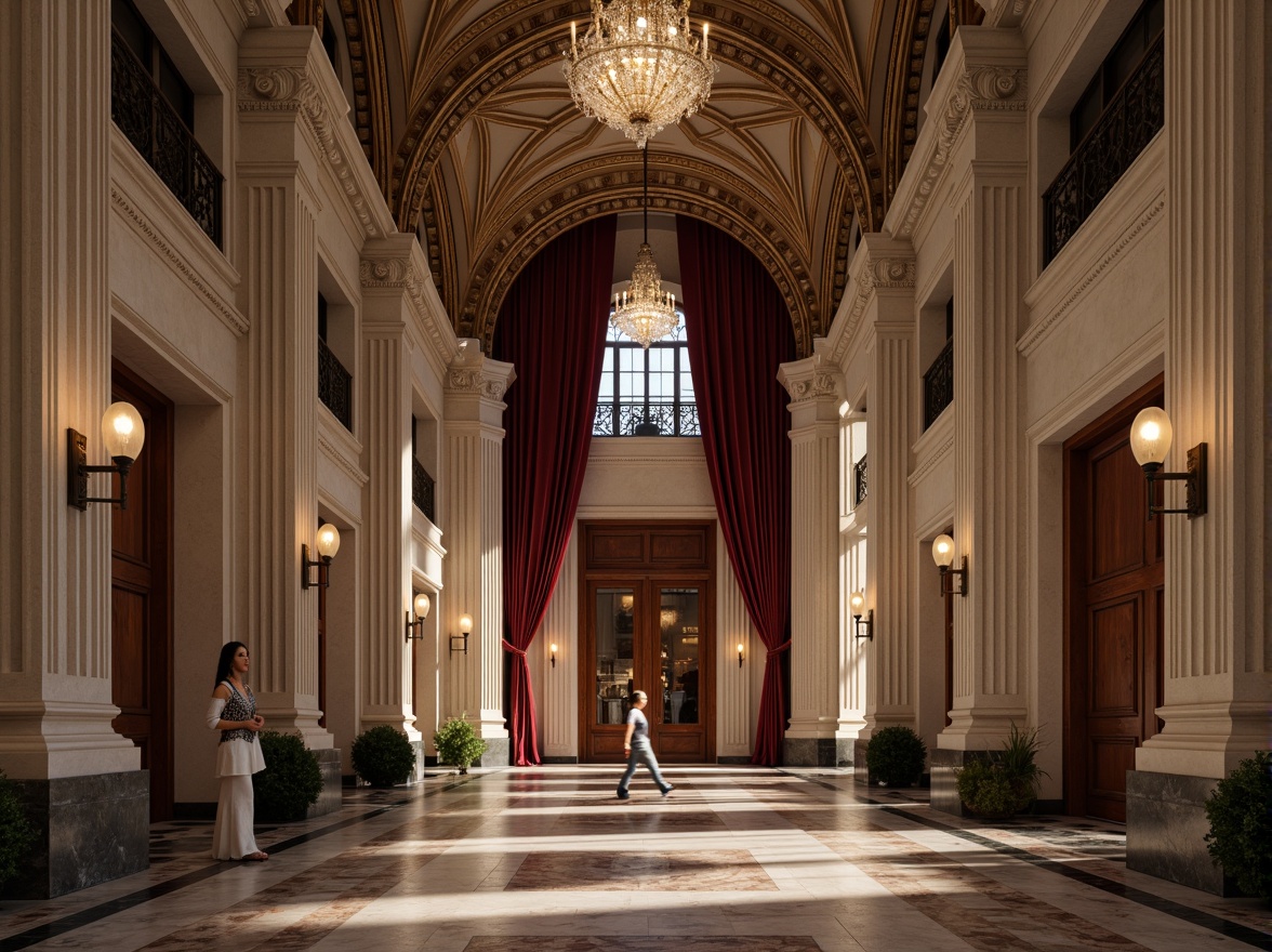 Prompt: Elegant neoclassical building, ornate stone carvings, smooth marble columns, intricate moldings, luxurious velvet drapes, rich wood paneling, polished bronze fixtures, crystal chandeliers, subtle gradient lighting, soft focus blur, 1/2 composition, symmetrical framing, realistic reflections, ambient occlusion.