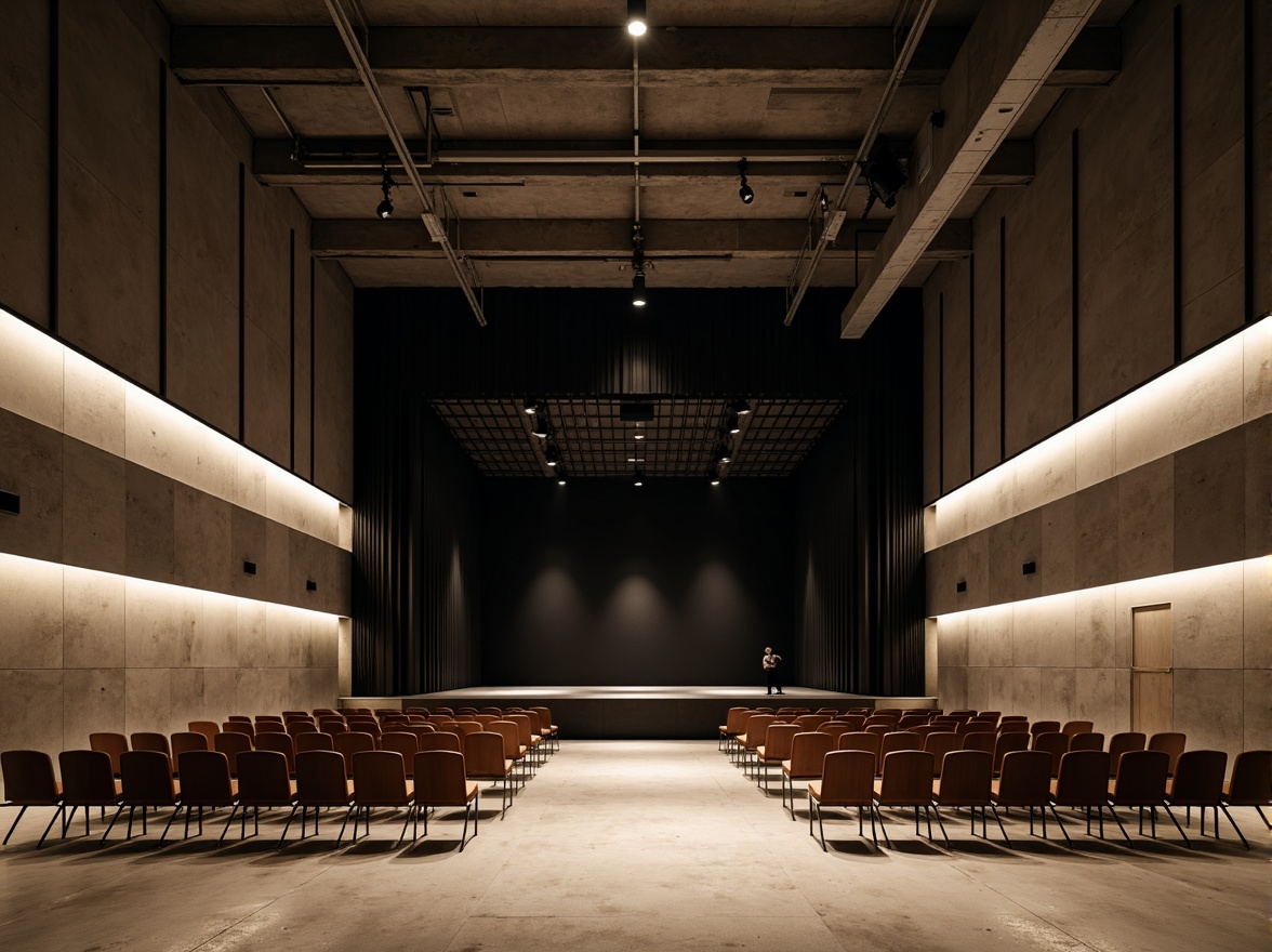 Prompt: Minimalist theater interior, concrete floors, industrial metal beams, exposed ductwork, simple wooden seats, sleek black stage, subtle LED lighting, dramatic spotlights, acoustic panels, sound-absorbing materials, neutral color palette, monochromatic tones, clean lines, minimal ornamentation, functional simplicity, urban loft atmosphere, high ceilings, open space, flexible seating arrangements, movable partitions, versatile performance areas, warm ambient glow, soft shadows, 1/1 composition, realistic textures, subtle reflections.