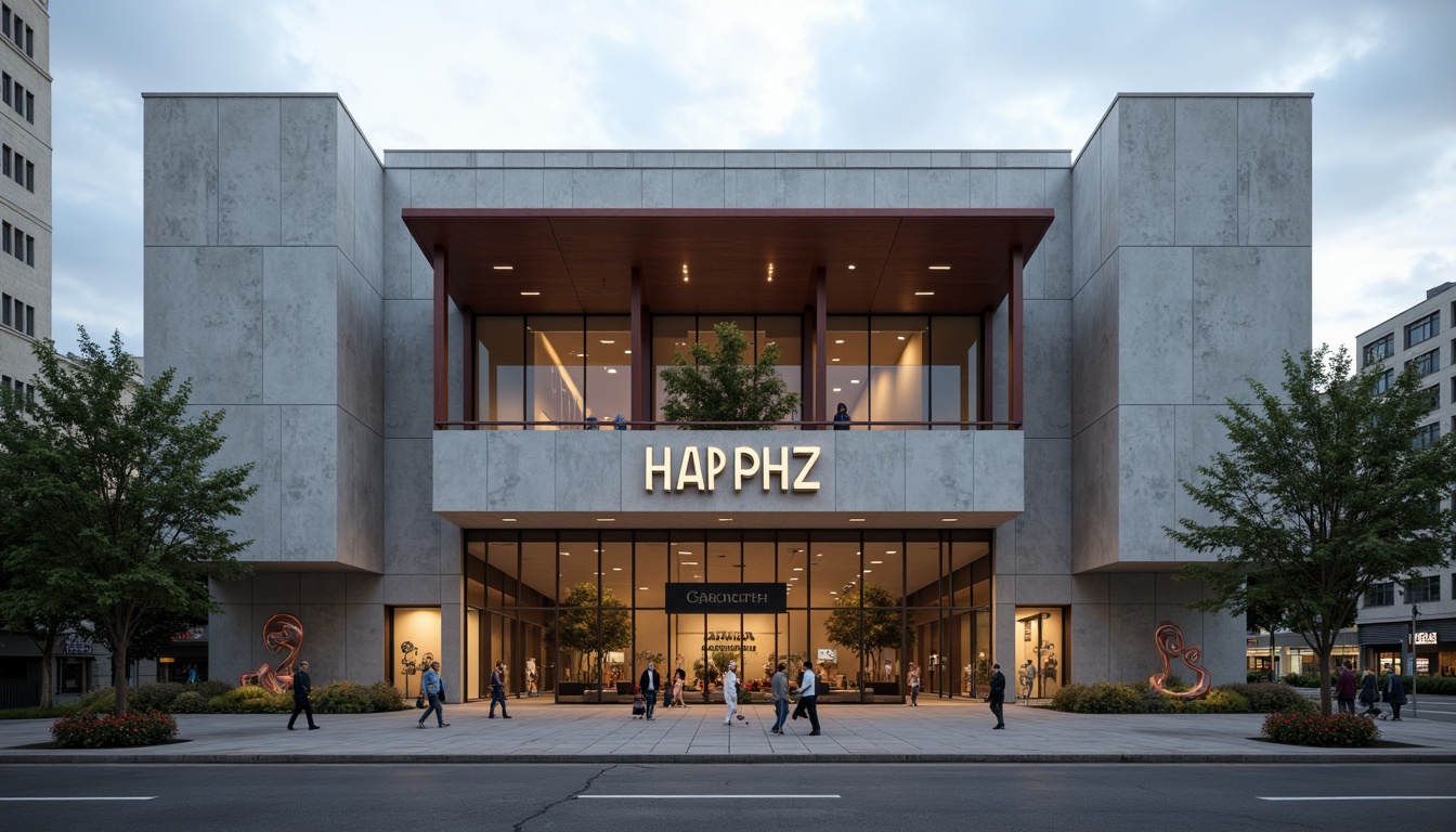 Prompt: Geometric auditorium facade, asymmetrical composition, rectangular forms, industrial materials, exposed concrete walls, steel beams, minimalist ornamentation, functional simplicity, bold typography, primary color accents, cantilevered canopies, angular rooflines, abstract sculptures, urban cityscape, cloudy grey sky, dramatic spotlighting, high-contrast shadows, 1/2 composition, symmetrical framing, cinematic atmosphere, realistic textures, ambient occlusion.