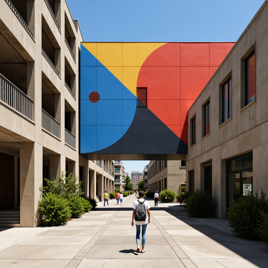 Prompt: Primary colors, geometric shapes, clean lines, minimalist aesthetic, industrial materials, steel beams, concrete walls, functional simplicity, rectangular forms, circular motifs, triangular compositions, bold typography, sans-serif fonts, urban landscape, modern cityscape, sunny day, high contrast lighting, deep shadows, 1/1 composition, symmetrical balance, abstract patterns, decorative textiles, woven fabrics, leather accents, metallic surfaces, brutalist architecture, functional design, innovative materials.