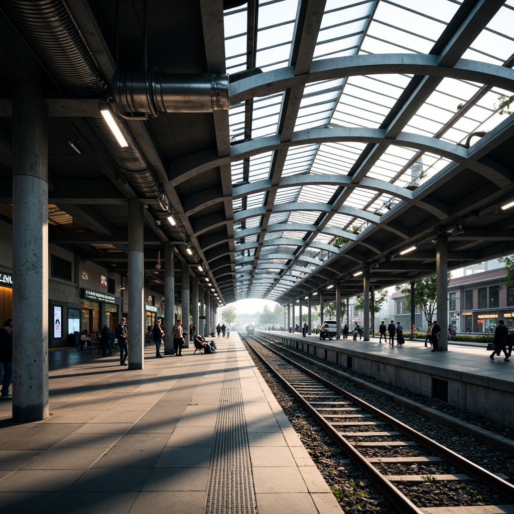 Prompt: Modern train station, steel framework, industrial aesthetic, exposed ductwork, metallic beams, sleek glass roofs, cantilevered canopies, urban landscape, bustling atmosphere, morning rush hour, natural light pouring in, shallow depth of field, 1/2 composition, realistic reflections, ambient occlusion, detailed textures, vibrant city sounds.