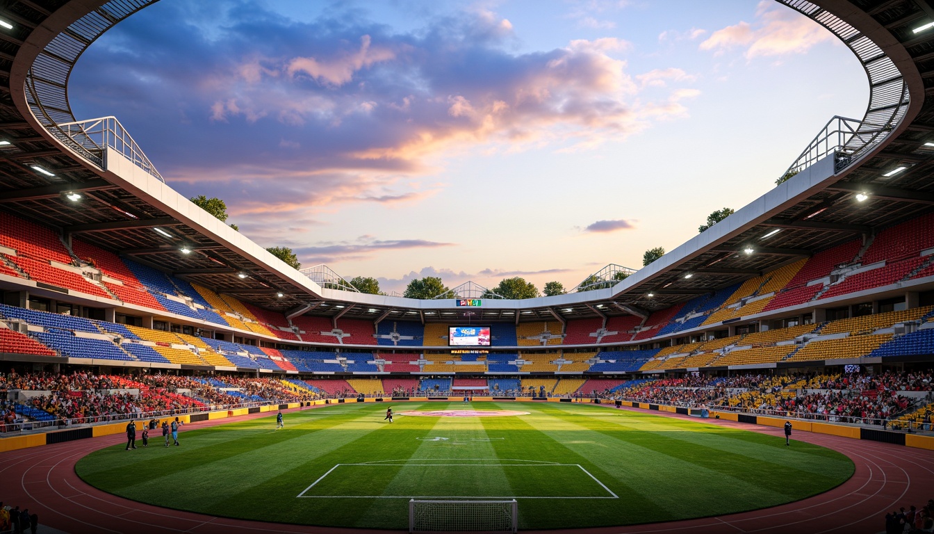 Prompt: Vibrant soccer stadium, bold team colors, dynamic seating areas, lush green grass, athletic track, modern architecture, sleek metal structures, transparent roofs, retractable canopies, floodlighting systems, evening ambiance, warm golden lighting, shallow depth of field, 1/1 composition, realistic textures, ambient occlusion, energetic atmosphere, cheering crowds, sports branding elements.