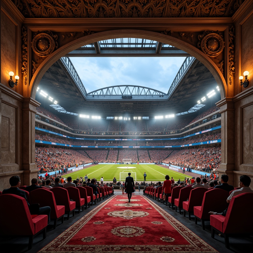 Prompt: Luxurious football stadium, Romanesque architecture, ornate stone carvings, grandiose archways, vibrant team colors, plush velvet seats, intricate patterned rugs, richly textured upholstery, metallic accents, dramatic spotlights, warm ambient lighting, 1/1 composition, shallow depth of field, realistic fabric simulations, detailed stitching, soft focus blur, atmospheric misting effects.