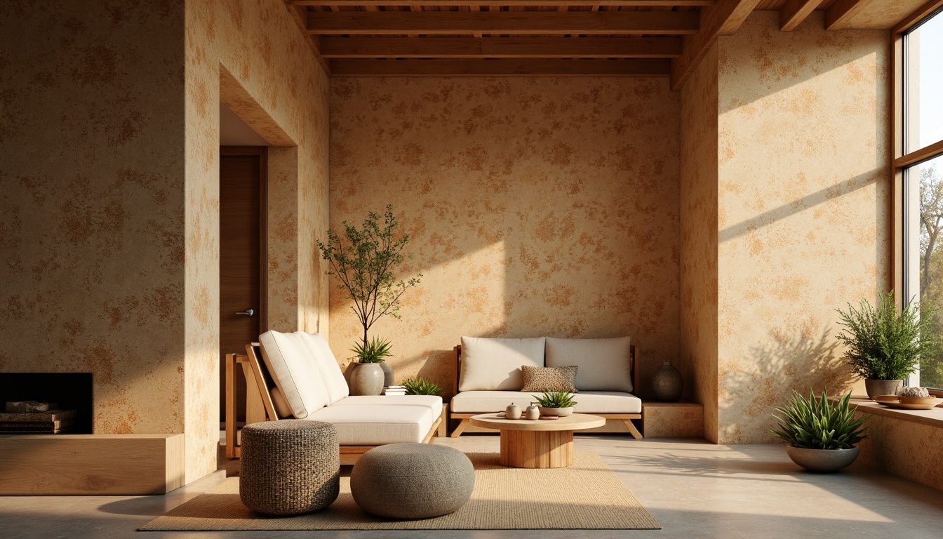 Prompt: Natural cork walls, earthy tones, organic textures, sustainable materials, eco-friendly design, warm ambient lighting, soft shadows, 3/4 composition, shallow depth of field, realistic renderings, subtle grain patterns, natural imperfections, rustic charm, cozy atmosphere, intimate spaces, minimalist decor, earthy color palette, nature-inspired accents.