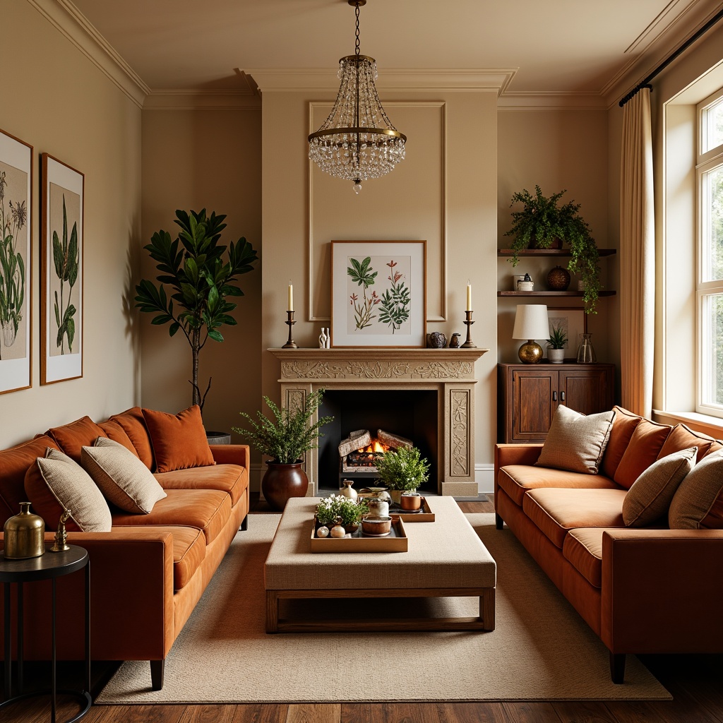 Prompt: Cozy living room, warm beige walls, rich walnut wood furniture, plush velvet sofas, soft golden lighting, natural stone fireplace, earthy terracotta accents, calming botanical prints, creamy white trim, elegant crystal chandeliers, inviting atmosphere, 1/1 composition, shallow depth of field, realistic textures, ambient occlusion.