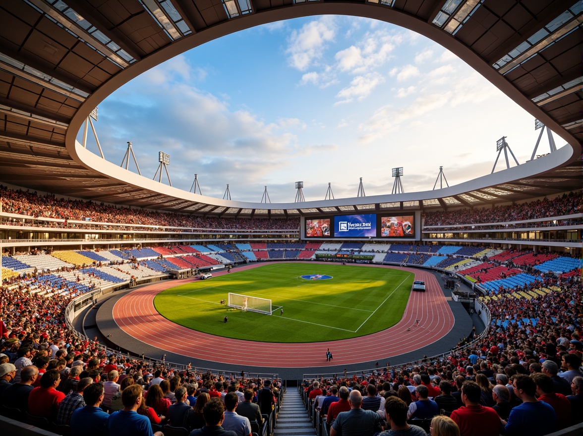 Prompt: Vibrant sports stadium, dynamic color scheme, bold team branding, energetic crowd atmosphere, sleek modern architecture, angular lines, retractable roofs, natural grass fields, athletic track lanes, scoreboard displays, floodlighting, warm golden lighting, shallow depth of field, 3/4 composition, panoramic view, realistic textures, ambient occlusion.