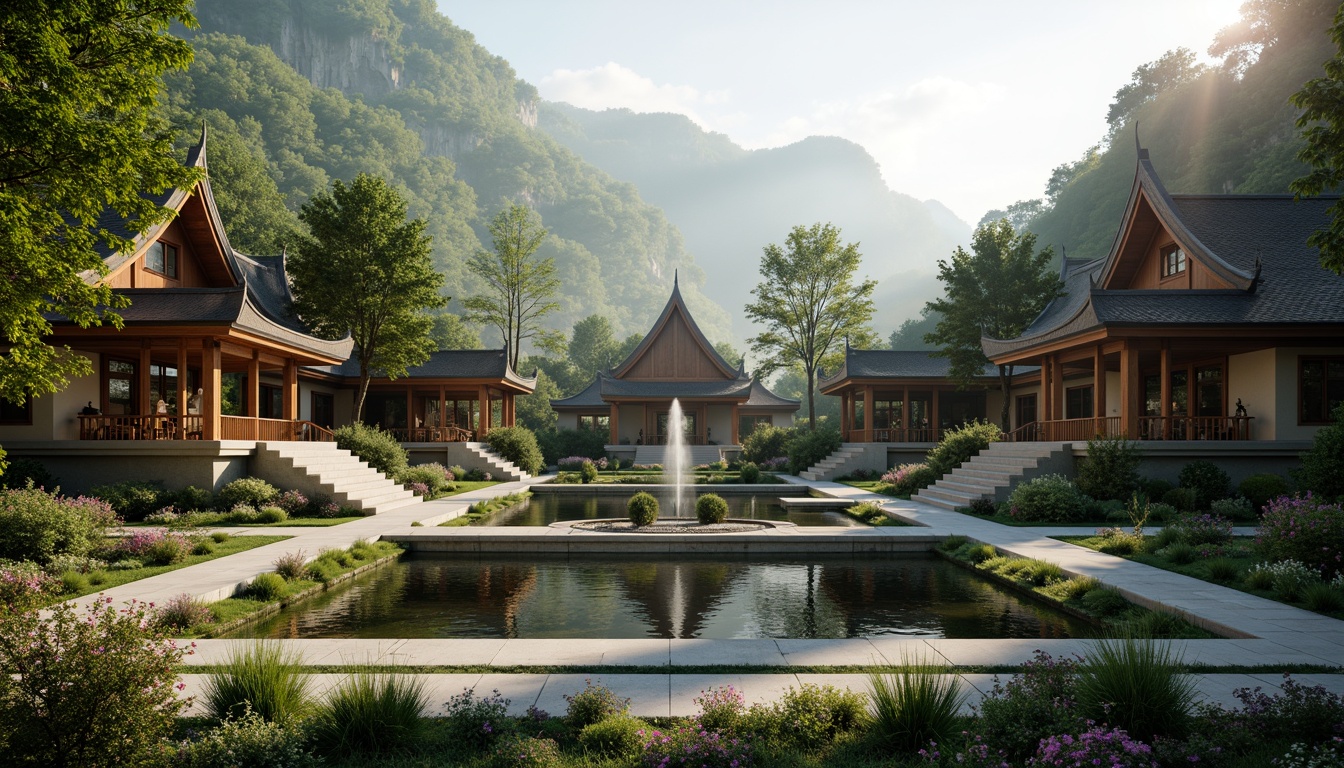 Prompt: Serenity-filled Buddhist temple, lush greenery, tranquil water features, natural stone walls, curved roofs, vibrant flowers, peaceful courtyard, intricate carvings, golden accents, soft warm lighting, shallow depth of field, 3/4 composition, panoramic view, realistic textures, ambient occlusion, misty morning atmosphere, gentle fog effects, subtle color palette, harmonious integration with surrounding landscape, rolling hills, meandering paths, rustic wooden bridges, serene forest surroundings.