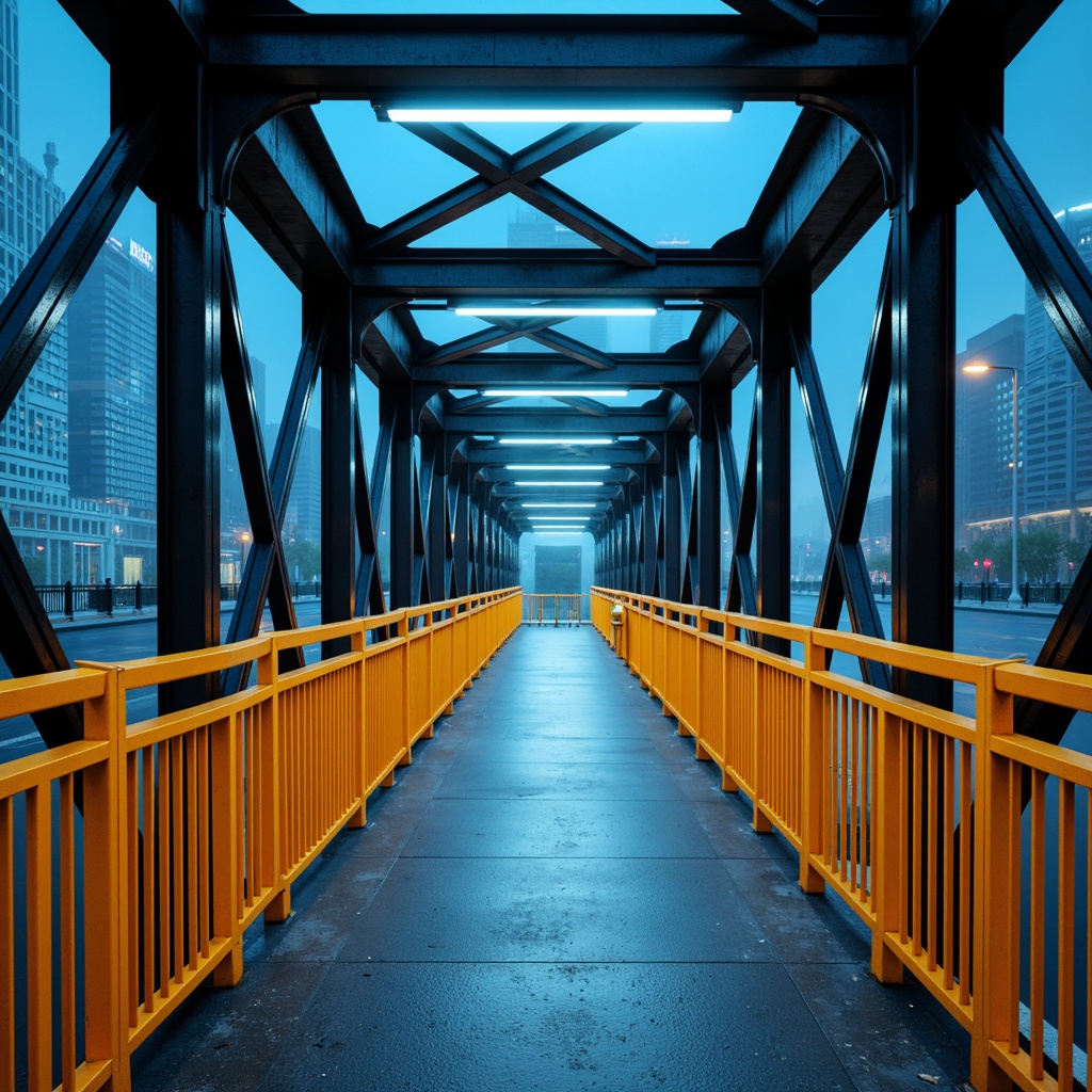 Prompt: Modern urban bridge, sleek metal structure, bold industrial colors, dark grey steel beams, bright orange accents, vibrant yellow safety rails, cool blue LED lighting, misty atmospheric effects, shallow depth of field, 1/1 composition, realistic metallic textures, ambient occlusion.