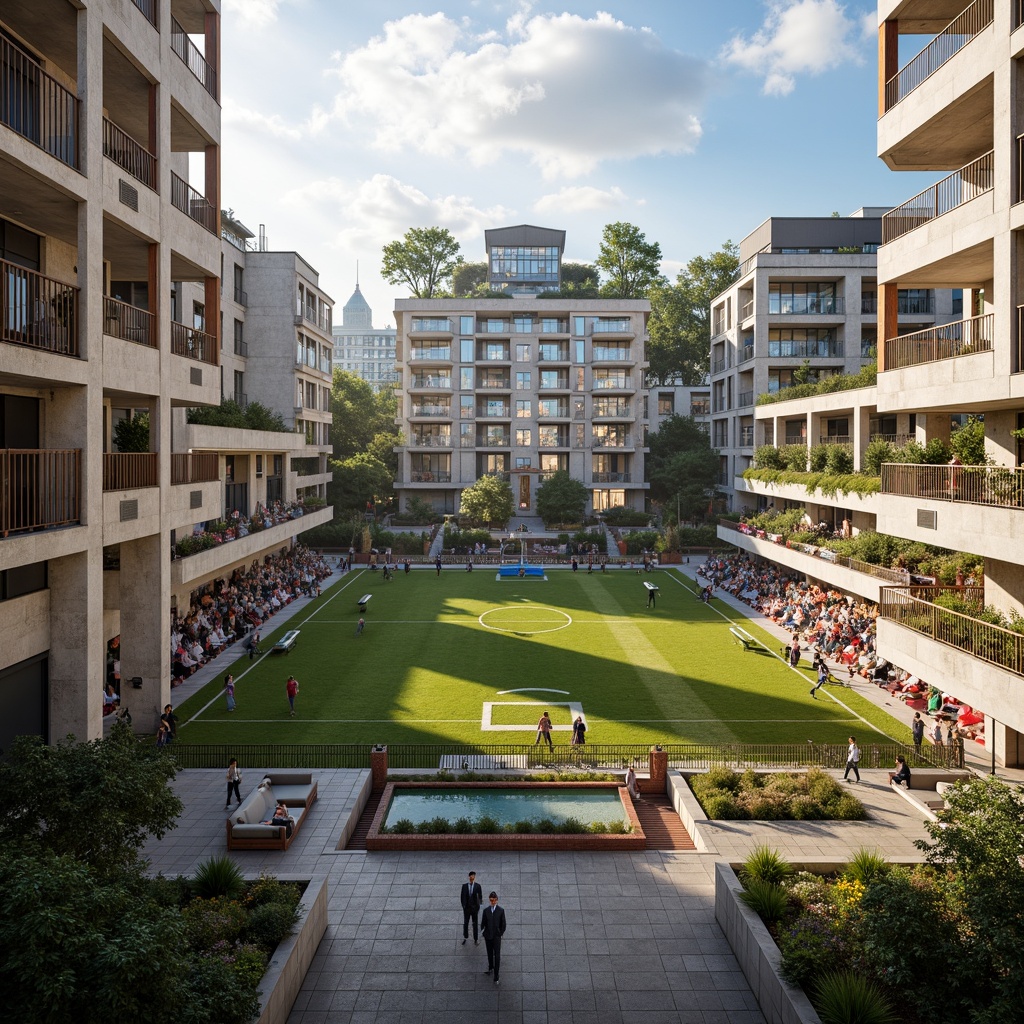 Prompt: Vibrant football stadium, social housing complex, brutalist architecture, exposed concrete structures, industrial metal beams, reclaimed wood accents, green roofs, urban landscape, bustling cityscape, afternoon sunlight, warm atmospheric lighting, shallow depth of field, 1/2 composition, realistic textures, ambient occlusion, communal outdoor spaces, public art installations, dynamic street furniture, pedestrian-friendly walkways, community gardens, eclectic mix of materials, bold color schemes.