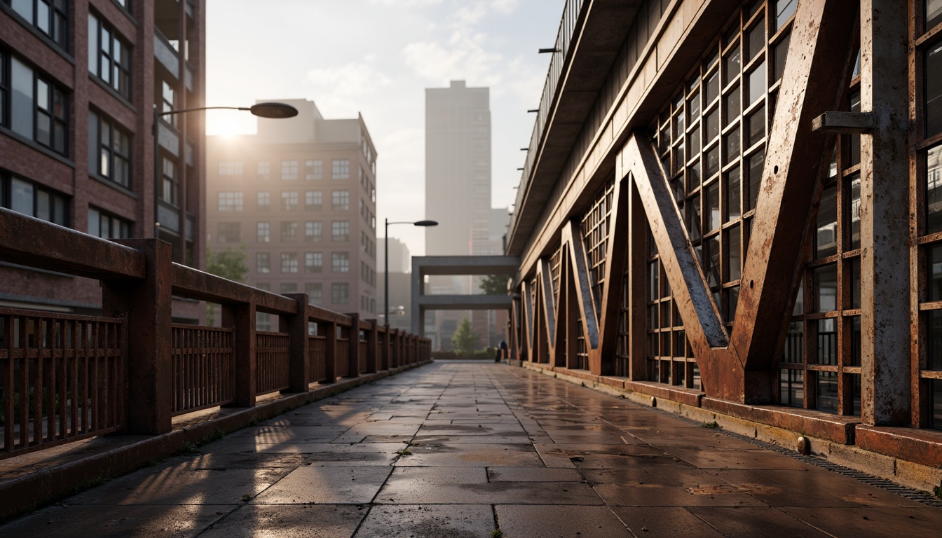 Prompt: Rust-resistant galvanized steel bridges, industrial architecture, metallic latticework, robust structural elements, weathered steel surfaces, urban cityscape, misty morning atmosphere, soft warm lighting, shallow depth of field, 1/2 composition, realistic textures, ambient occlusion.