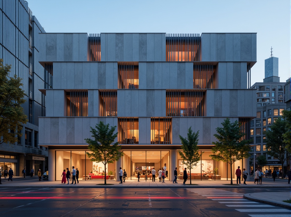 Prompt: Geometric auditorium facade, asymmetrical composition, rectangular forms, industrial materials, exposed concrete walls, steel beams, minimalist ornamentation, functional simplicity, bold color blocking, primary color accents, cantilevered canopies, angular rooflines, large glass windows, transparent doors, urban cityscape, busy street scene, modernist architecture, brutalist influences, abstract sculptures, futuristic lighting fixtures, dramatic spotlights, high-contrast shading, 2/3 composition, cinematic framing, realistic reflections.