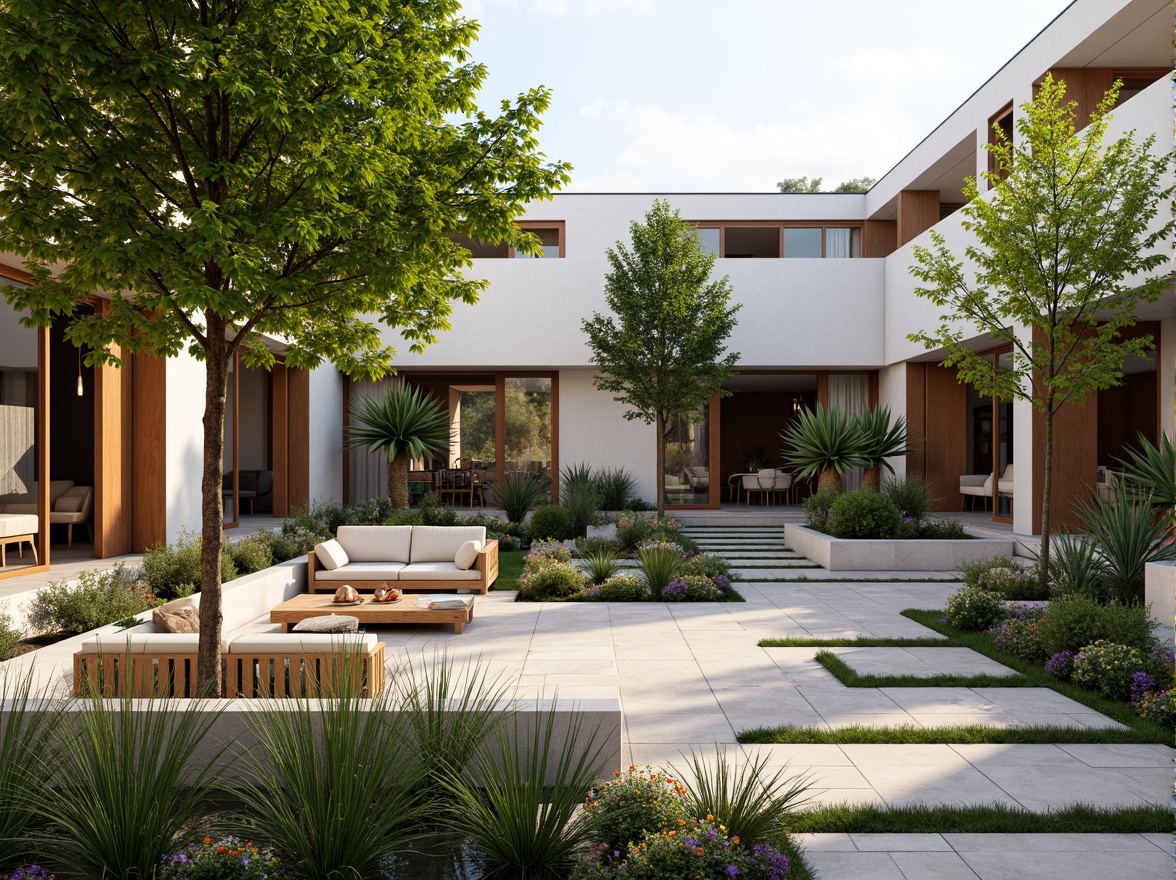 Prompt: Spacious residential courtyard, lush greenery, vibrant flowers, natural stone pathways, wooden benches, modern minimalist architecture, large windows, sliding glass doors, open-plan living areas, high ceilings, airy atmosphere, soft warm lighting, shallow depth of field, 3/4 composition, panoramic view, realistic textures, ambient occlusion, cozy reading nooks, built-in shelving units, comfortable outdoor seating, decorative planters, water features, small ponds, tranquil ambiance.