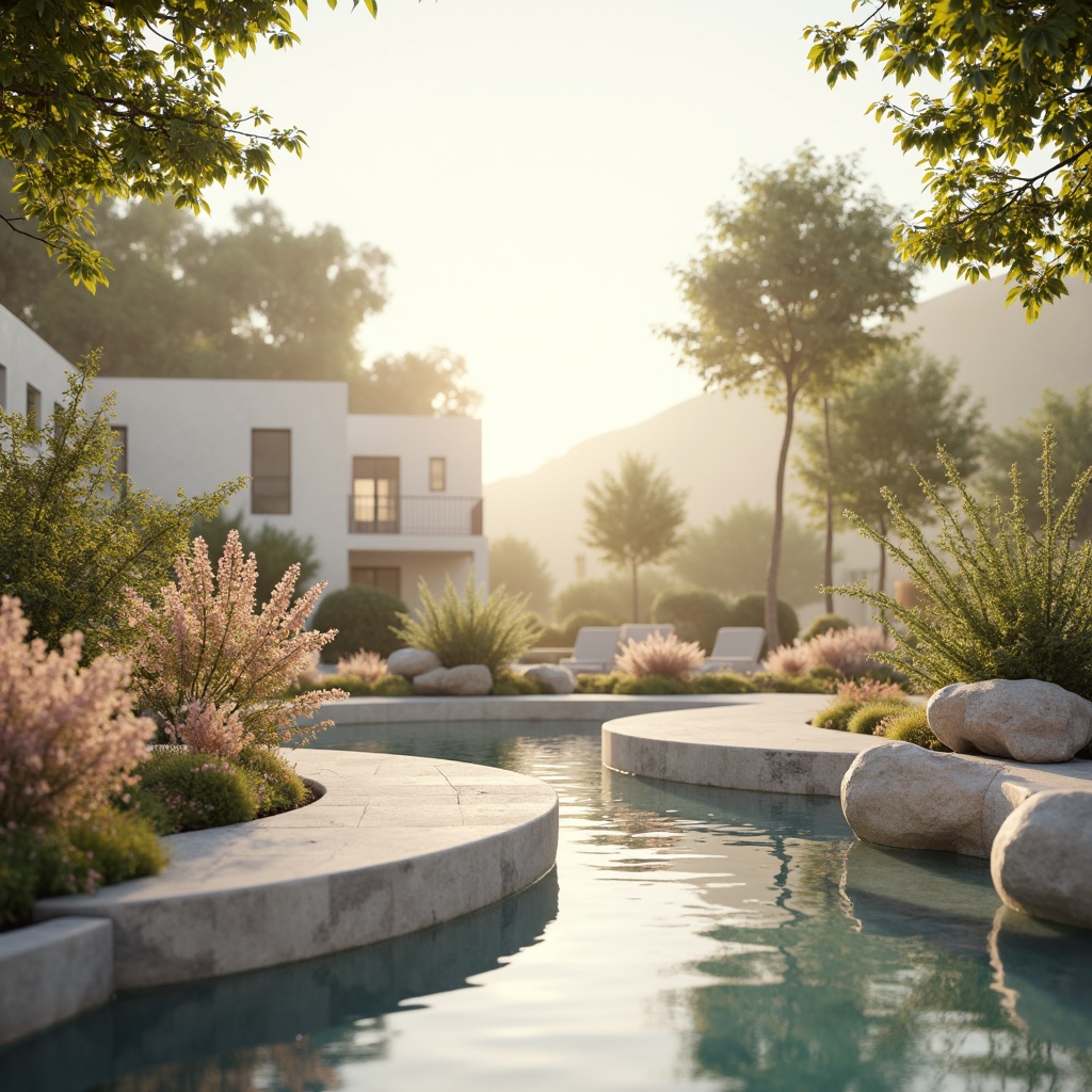 Prompt: Soft pastel hues, calming atmosphere, serene natural surroundings, gentle water features, lush greenery, blooming flowers, warm beige tones, creamy whites, pale blues, soothing mauves, earthy terracottas, subtle texture contrasts, organic shapes, minimalist composition, shallow depth of field, 1/1 aspect ratio, soft focus, warm golden lighting, realistic renderings.