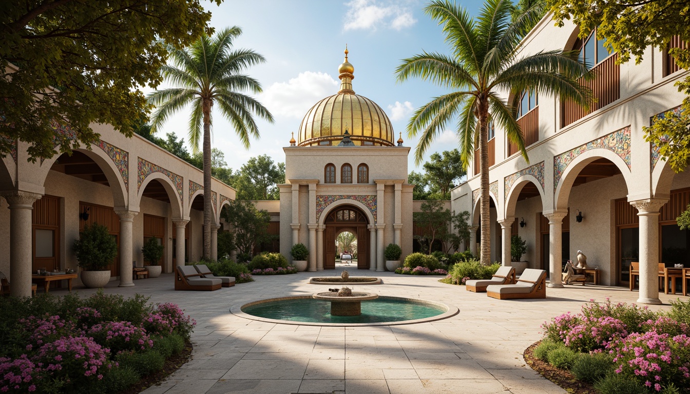 Prompt: Golden domes, ornate arches, intricate mosaics, vibrant turquoise accents, rustic stone walls, grand entrance gates, majestic columns, ornamental capitals, lavish fountains, lush greenery, blooming flowers, warm sunny day, soft natural lighting, shallow depth of field, 3/4 composition, panoramic view, realistic textures, ambient occlusion, Byzantine-inspired patterns, richly textured fabrics, luxurious marble floors, grand chandeliers, elegant wooden accents.