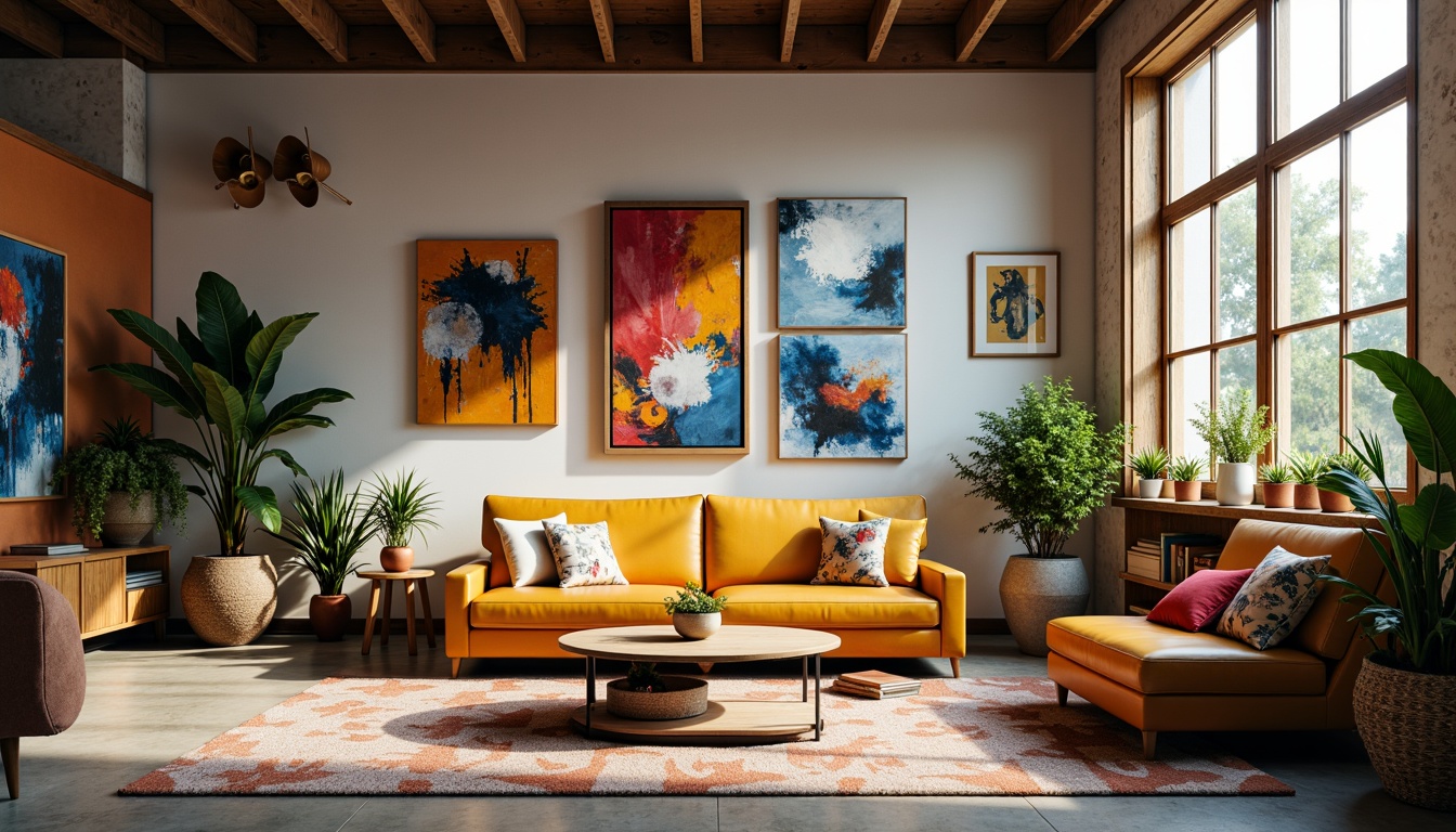 Prompt: Vibrant art studio, eclectic furniture, abstract artwork, bold color blocking, contrasting textures, rich wood accents, industrial metal frames, modern minimalist decor, natural light pouring in, soft warm glow, 3/4 composition, shallow depth of field, realistic renderings, ambient occlusion.