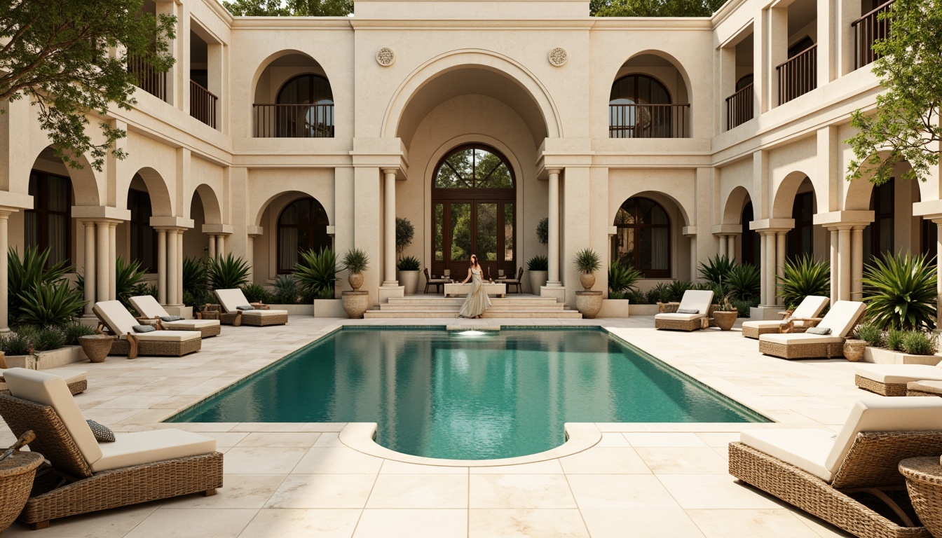 Prompt: Elegant neoclassical swimming pool, soft cream marble, warm beige stone, ornate bronze fixtures, subtle turquoise water, lush greenery surroundings, majestic columns, grand archways, refined stucco walls, ornamental fountains, tranquil ambiance, warm golden lighting, shallow depth of field, 1/2 composition, symmetrical framing, realistic textures, ambient occlusion.