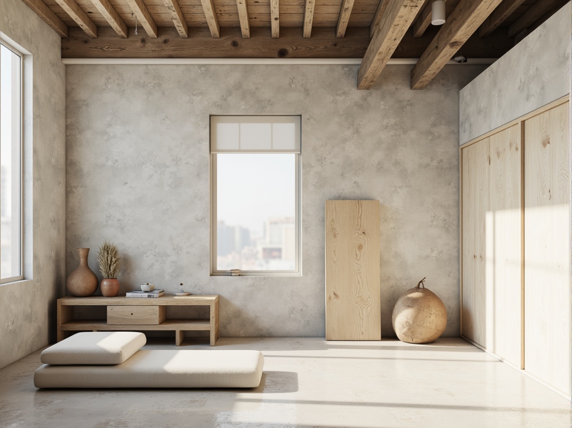 Prompt: Monochromatic minimalism, clean lines, simple shapes, neutral tones, soft whites, creamy beiges, pale grays, industrial materials, concrete walls, steel beams, wooden accents, natural textures, subtle patterns, ambient lighting, soft shadows, 1/1 composition, realistic renderings, atmospheric perspective.