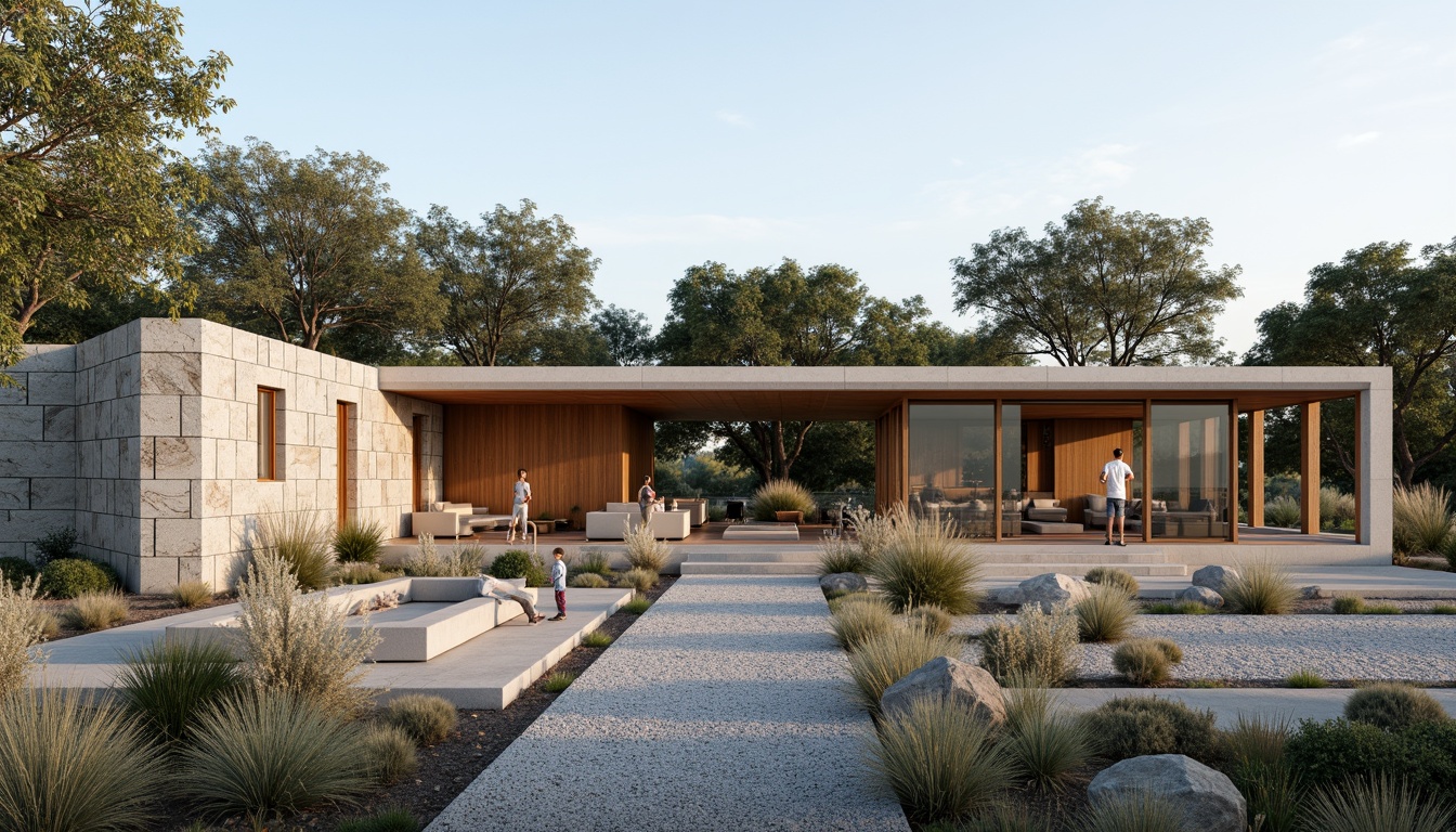 Prompt: Sleek visitor center, minimalist architecture, natural stone walls, large glass windows, sliding doors, open floor plan, low-profile roofs, subtle lighting, native plant species, gravel pathways, weathered wood accents, simple signage, organic shapes, earthy color palette, seamless integration with surroundings, panoramic views, shallow depth of field, 3/4 composition, realistic textures, ambient occlusion.