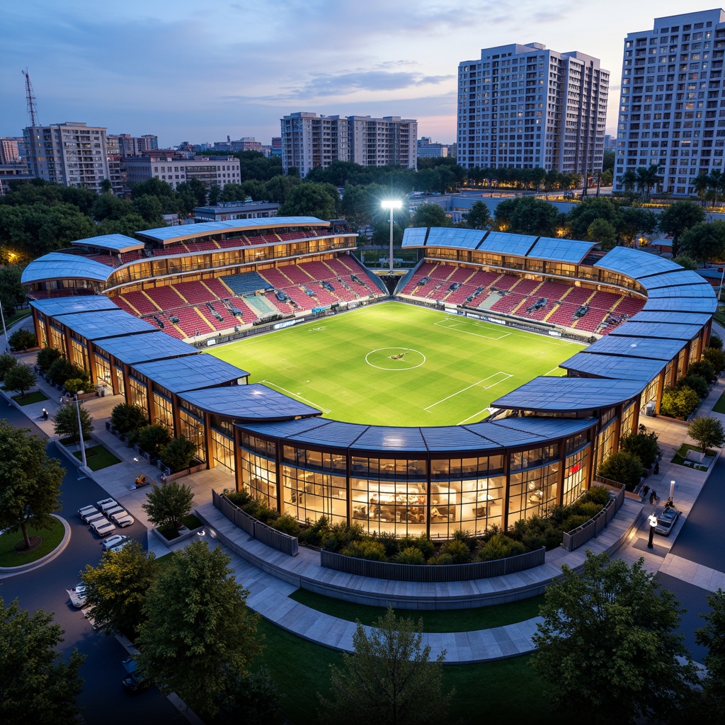 Prompt: Vibrant football stadium, social housing complex, curved lines, dynamic shapes, bold color schemes, metallic materials, LED lighting systems, cantilevered roofs, open-air balconies, communal green spaces, recreational facilities, community centers, public art installations, urban landscape integration, modern architecture, angular fa\u00e7ades, transparent glass walls, sleek steel beams, atmospheric evening lighting, shallow depth of field, 1/2 composition, realistic textures, ambient occlusion.