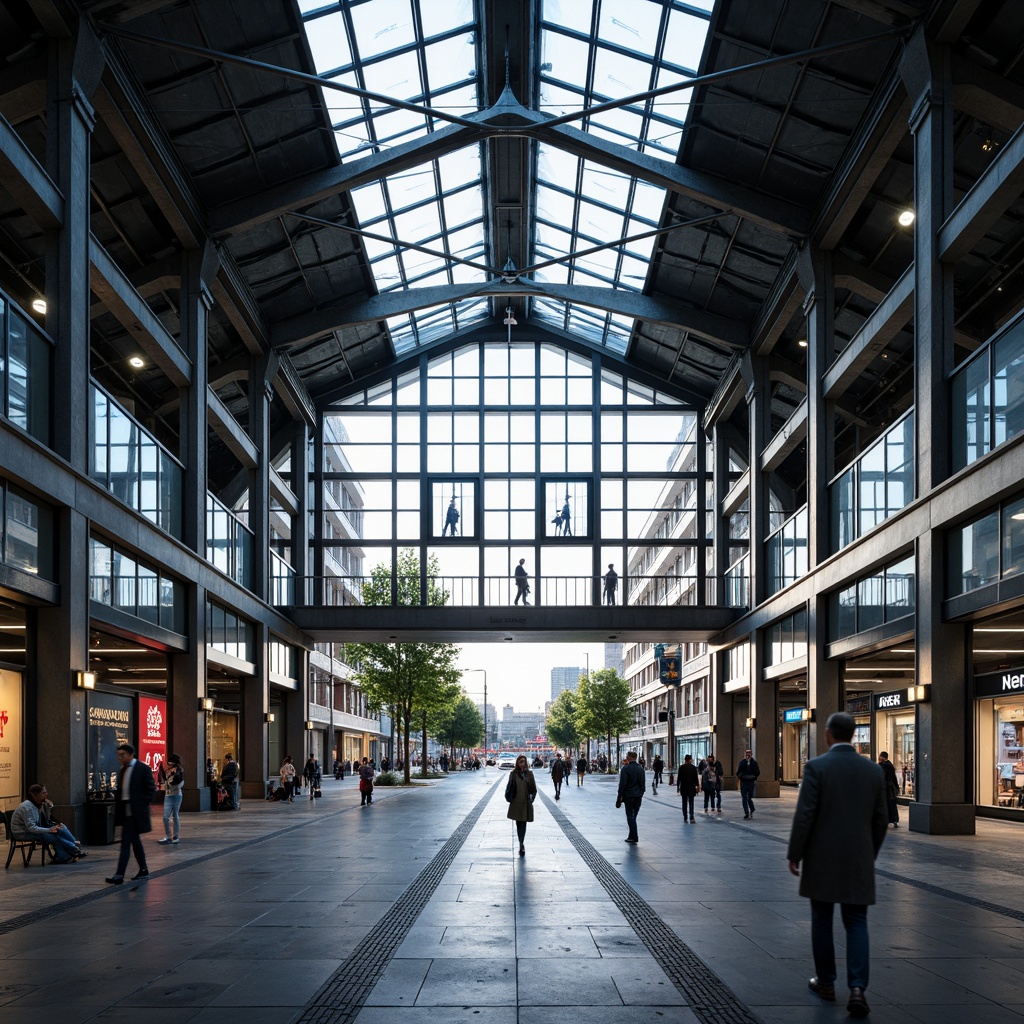 Prompt: Modern train station, steel framework, industrial aesthetic, exposed ductwork, metallic beams, sleek columns, high ceilings, grand entrance, bustling atmosphere, natural light pouring in, urban landscape, city skyline, busy streets, pedestrian traffic, vibrant advertisements, LED displays, futuristic ambiance, dynamic lighting, shallow depth of field, 1/2 composition, wide-angle lens, realistic reflections, ambient occlusion.