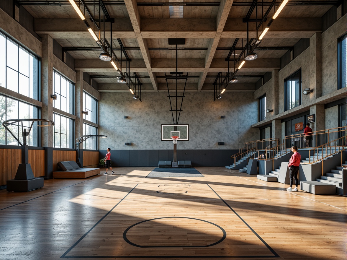 Prompt: Modern gymnasium interior, textured concrete walls, wooden flooring, metallic equipment, athletic tracks, basketball hoops, sports nets, spectator seating, natural light pouring in, large windows, industrial-style lighting, shallow depth of field, 1/1 composition, realistic textures, ambient occlusion, vibrant color accents, dynamic shadows, high-contrast lighting, dramatic atmosphere.