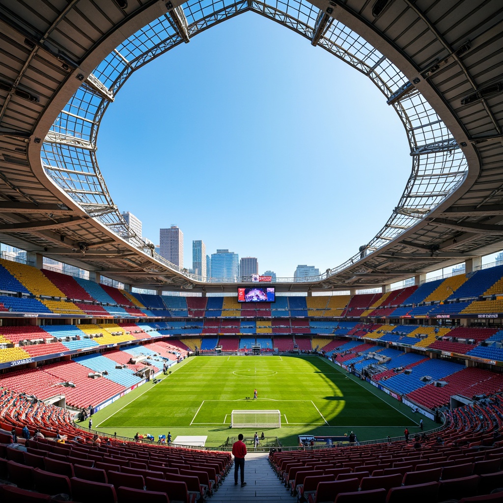 Prompt: Vibrant soccer stadium, bold team colors, dynamic LED lighting, sleek modern architecture, curved lines, angular shapes, green grass fields, white goalposts, colorful spectator seats, energetic atmosphere, sunny day, clear blue sky, urban cityscape, concrete structures, steel beams, glass facades, abstract patterns, geometric shapes, futuristic design, high-tech amenities, advanced scoreboard systems, dynamic sound effects, panoramic views, shallow depth of field, 3/4 composition.