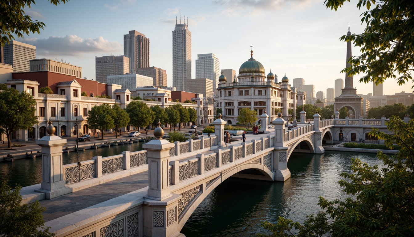 Prompt: Grandiose Baroque-style bridge, ornate stone carvings, sweeping arches, majestic pillars, intricate ironwork, vibrant urban landscape, bustling city streets, modern skyscrapers, eclectic architectural fusion, lush greenery, tranquil water features, soft warm lighting, shallow depth of field, 3/4 composition, panoramic view, realistic textures, ambient occlusion.