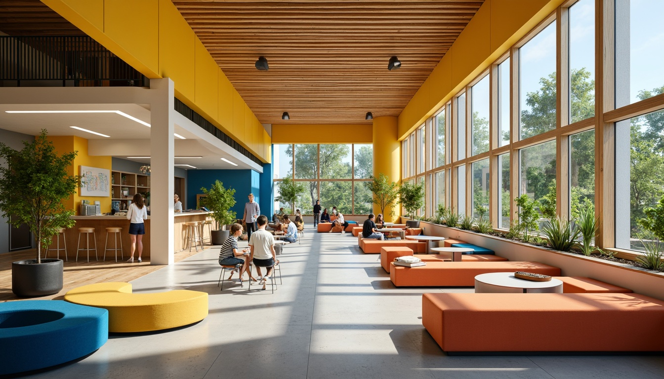 Prompt: Vibrant creative learning space, bold color scheme, stimulating yellow accents, calming blue undertones, energetic orange hues, inspiring greenery, natural wood textures, modern minimalist furniture, sleek metal legs, comfortable cushioned seating, collaborative workstations, interactive whiteboards, innovative technology integration, abundant natural light, soft warm glow, shallow depth of field, 3/4 composition, panoramic view, realistic textures, ambient occlusion.